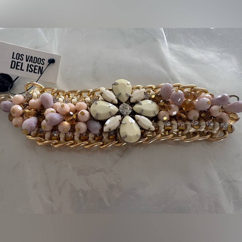 Handmade Gold Chain Bracelet with Pink & Cream Beads, flower statement detail.